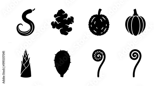 Tableau sur toile Minimalist black vegetable silhouettes set, 8 organic food icons including ginge