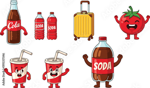 Fun Cartoon Soda, Cola, and Travel Icons with Smiling Characters, Bottles, Cups, and Luggage for Beverage and Lifestyle Branding Designs.