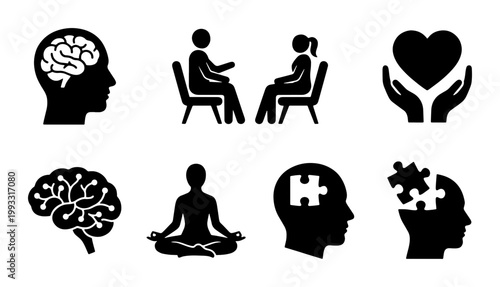 Mental health icons set, psychology and therapy vector symbols, brain and mindfulness meditation graphics, 8 black silhouette icons