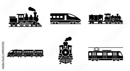 Vintage and modern train icons set, black silhouette railway transportation collection, 6 vector locomotive and tram symbols for logistics