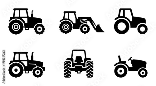 Black tractor icon set, agricultural machinery silhouettes, 6 farming vehicle vector elements, heavy equipment for farm industry and gardening