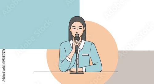 Woman Speaking into Microphone at Desk, Presentation, Interview, News Anchor