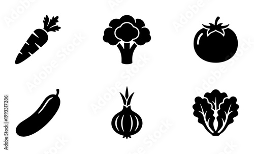 Minimalist vegetable icon set, black solid glyph symbols of fresh garden produce, 6 organic food vector elements for grocery and cooking apps