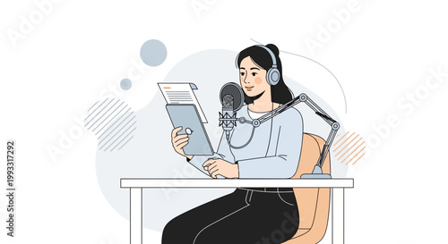 Woman recording podcast with headphones and microphone at desk, reading script from tablet