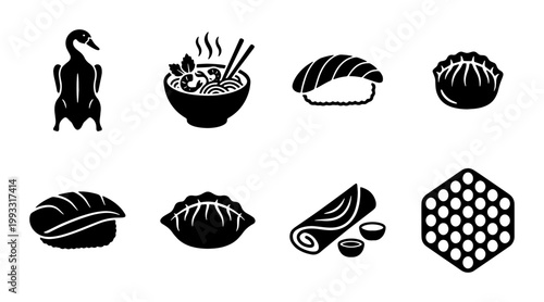 Asian food icon set, black silhouette vector of 8 oriental cuisine elements, traditional sushi and dumpling symbols for restaurant menus