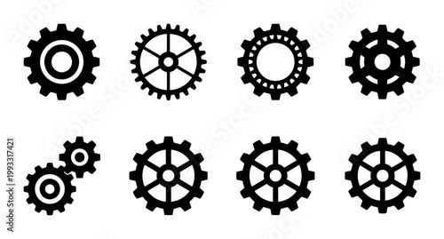 Industrial gear icons set, black mechanical cogwheel vector collection, 8 engineering gear symbols for machinery and technology concepts