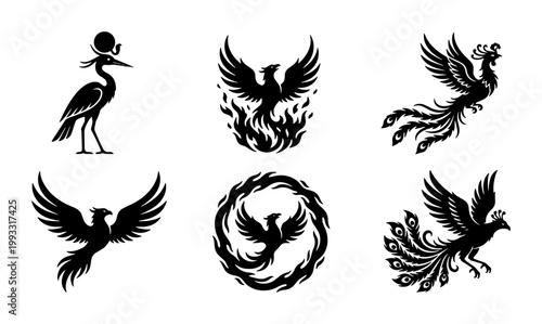 Mythical phoenix bird silhouettes, set of 6 black firebird vector icons, ancient Egyptian Bennu and legendary fire bird symbols for logos and tattoos