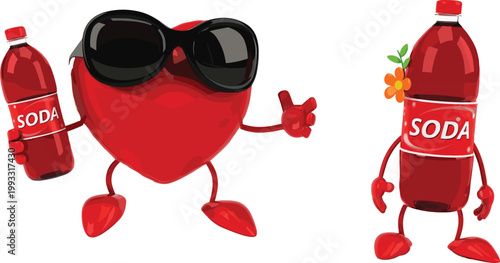 Funny Cartoon Soda Bottle Characters with Heart-Shaped Design, Sunglasses, and Playful Accessories for Beverage Branding and Advertising Illustrations.