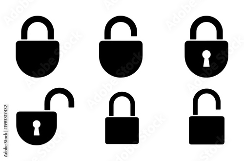 Black padlock icon set with 6 vector elements, locked and unlocked security symbols, flat silhouette padlocks for web safety and data protection