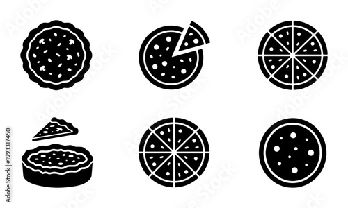 Pizza and pie icon set, black solid vector symbols of Italian pizza slices and bakery quiche, 6 food delivery graphic elements for restaurant menus