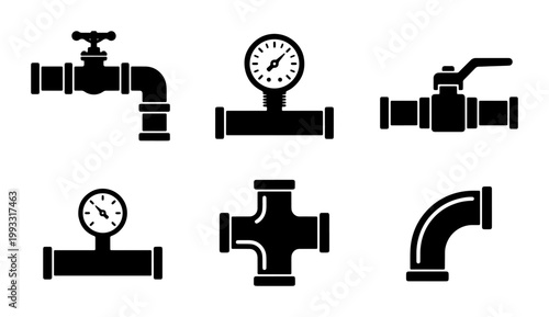 Industrial plumbing pipe icons set, black silhouette water pipeline valves and pressure gauges, 6 vector engineering elements for construction