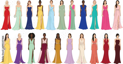 Elegant Evening Gown Collection Featuring Diverse Women in Long Formal Dresses with Different Styles Colors and Silhouettes for Fashion Illustration Design.