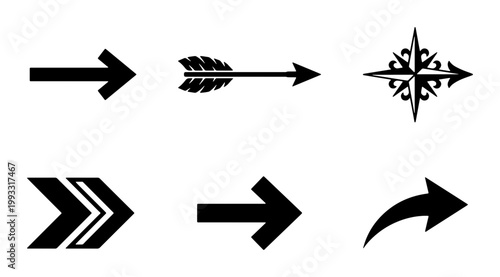 Black arrow icon set with 6 vector elements, minimalist directional symbols and navigation pointers, decorative tribal and geometric arrow graphics