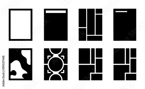 Minimalist moodboard layout templates, collection of 8 black and white photo collage frames, geometric grid wireframes for social media and portfolio