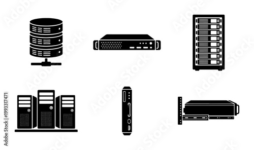 Quadro su tela Data server icon set with 6 black vector elements, computer network hardware sym