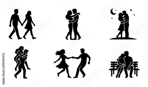Romantic couple silhouettes set, 6 black icons of lovers walking and hugging, man and woman dancing and sitting on bench, vector relationship graphics