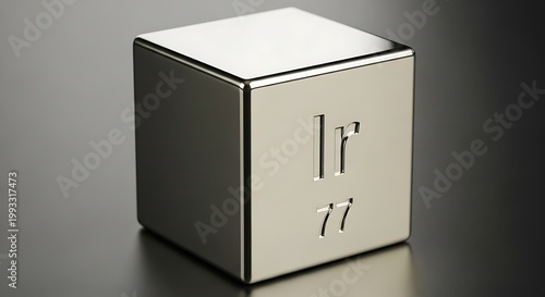 Highly polished metallic cube represents the seventy seventh element of the periodic table