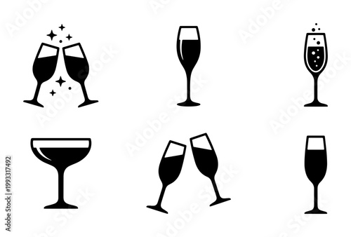 Champagne glass icons set, minimalist black sparkling wine flutes and coupe silhouettes, 6 vector elements for celebration and wedding toast