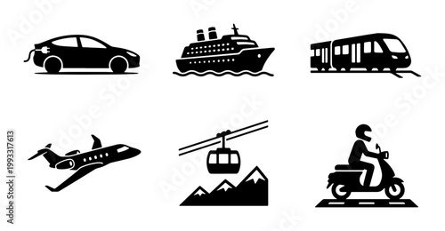 Transportation icons set of 6 black vector silhouettes, travel and vehicle symbols including electric car, cruise ship, train, airplane, cable car, and scooter