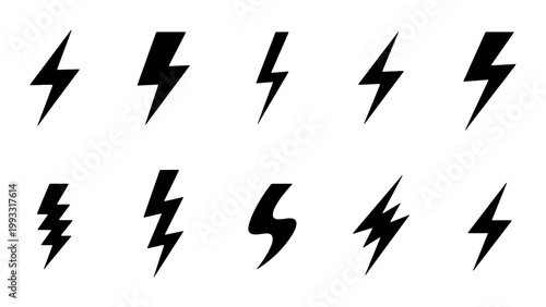 Lightning bolt icons set, black thunderbolt vector silhouettes, 10 electric power symbols for energy and speed branding, minimalist flash graphic elements