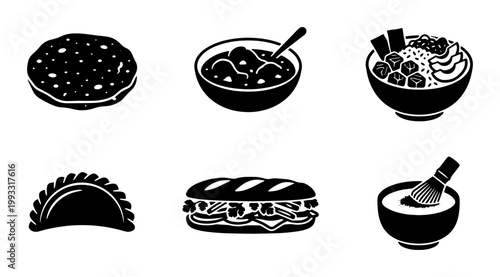 Black and white food icons set, 6 minimalist restaurant meal vector illustrations, flat solid silhouette symbols of ramen, sandwich, and soup