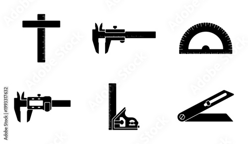 Precision measuring tools icon set, black silhouette engineering instruments, 6 vector elements for technical drawing and carpentry construction