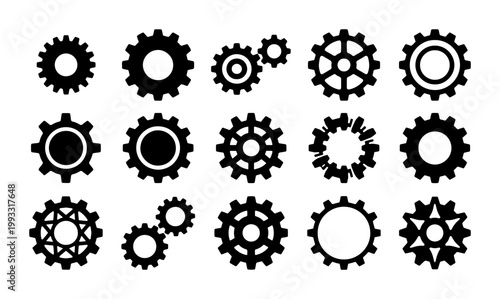 Industrial gear icons set, black mechanical cogwheel silhouettes, 15 vector engine parts for engineering and technology concepts