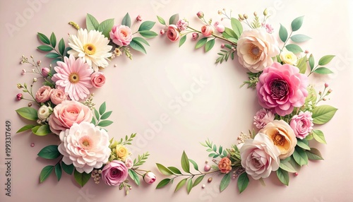 Elegant floral wreath with pink, white, and peach blossoms on soft background, evoking serenity