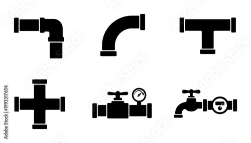 Industrial plumbing pipe icons set, black silhouette water pipeline fittings and valves, 6 vector elements for construction and engineering