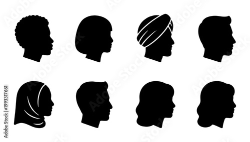 Diverse people profile silhouettes, set of 8 multicultural human head icons, inclusive community avatar vector collection for social media and web design