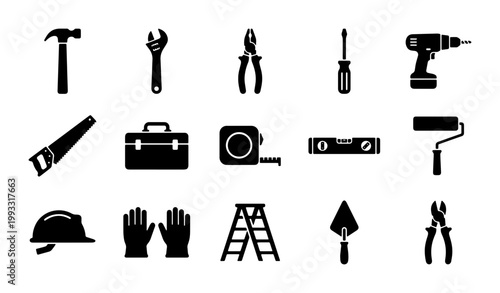 Construction hand tools icon set, 15 black vector silhouettes of hardware equipment, professional carpentry and home renovation maintenance tools