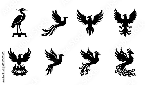 Mythical phoenix bird silhouettes set, 8 black vector icons of firebirds and herons, majestic flying eagle and peacock symbols for logo design