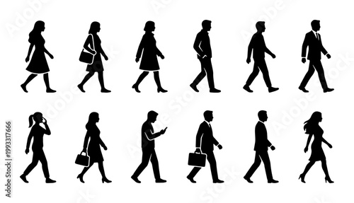 Walking people silhouettes set, 12 business men and women figures in motion, black pedestrian vector icons for urban architectural visualization