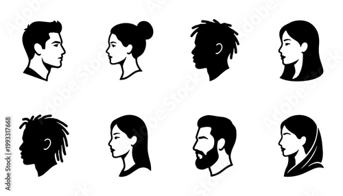 Foto Minimalist profile silhouettes of diverse people, set of 8 human head icons in s
