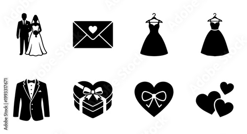 Wedding icon set with black silhouettes, 8 romantic marriage vector elements, bridal dress and groom tuxedo symbols for invitation design
