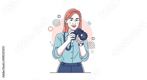 Woman photographer with camera, illustration, creative hobby, lifestyle