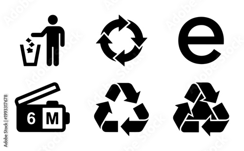 Recycling and packaging symbols set, black eco-friendly icons for product labeling, 6 environmental waste management vector signs for sustainable branding