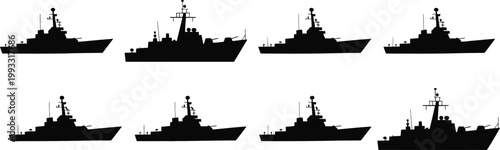 Eight black silhouettes of warships 