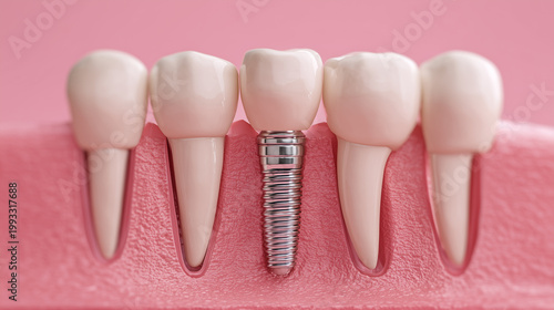 dental implant tooth replacement concept with crown and gum close up