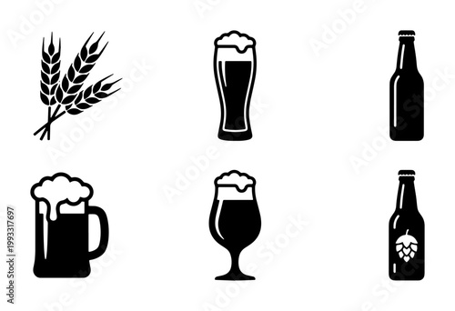 Minimalist beer icon set, black brewery symbols with wheat and bottles, 6 vector elements for pub branding and craft ale menus