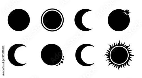 Celestial moon phase icons set, black lunar cycle silhouettes with sun and solar eclipse, 8 vector astronomical elements for astrology and space design