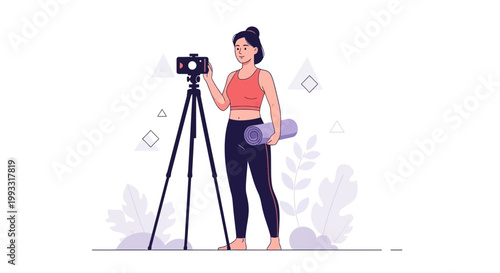Woman filming yoga class on smartphone with tripod, holding yoga mat