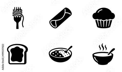 Minimalist food icon set, black solid vector meal symbols, 6 restaurant menu elements including pasta and soup, breakfast and dinner graphics