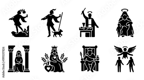 Medieval tarot card icons set, black silhouette mystical occult symbols, 8 spiritual divination glyphs, esoteric royalty and mythology vector elements