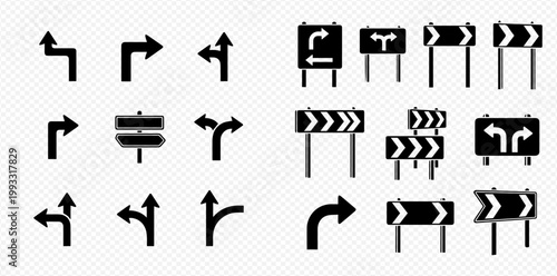 Collection of various black and white arrow road signs and traffic direction indicators for navigation and guidance.