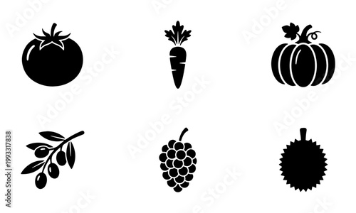 Minimalist vegetable and fruit icons set, black solid silhouette food symbols, 6 vector elements including tomato carrot pumpkin olive grapes and durian
