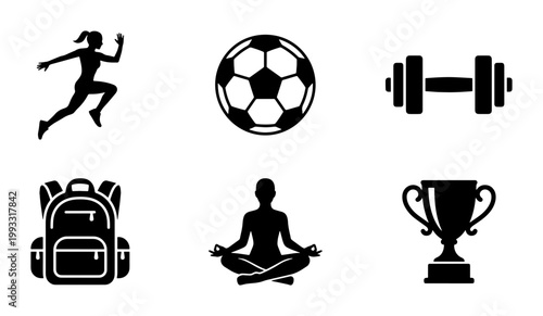Minimalist black sport icons set, athletic lifestyle vector symbols, fitness and wellness collection with soccer ball and trophy, 6 gym elements