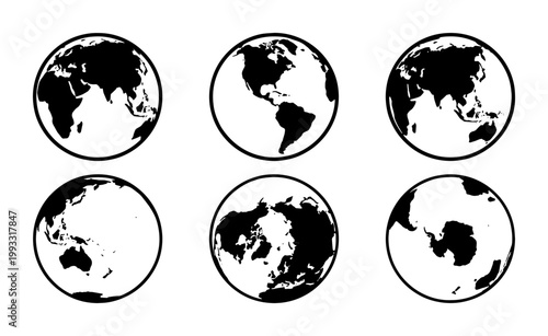 Minimalist world globe icons set, black and white earth map silhouettes from different angles, 6 vector planet earth symbols for global business