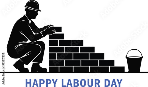 A silhouetted construction worker builds a brick staircase celebrating labour day high quality professional detailed modern elegant.