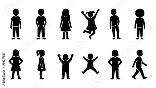 Children silhouette collection with 12 diverse kids icons, black vector figures of boys and girls standing and jumping, youth character set for web design